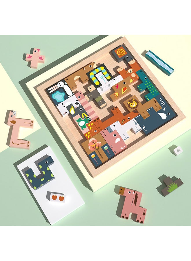 ألعاب تعليمية للأطفال - كرتون حيوانات إبداعي، صندوق خشبي للألغاز - لعبة تيتريس للبناء، تتضمن 17 قطعة، مناسبة للأولاد والبنات - اللون: حيوانات تيتريس - Image 3